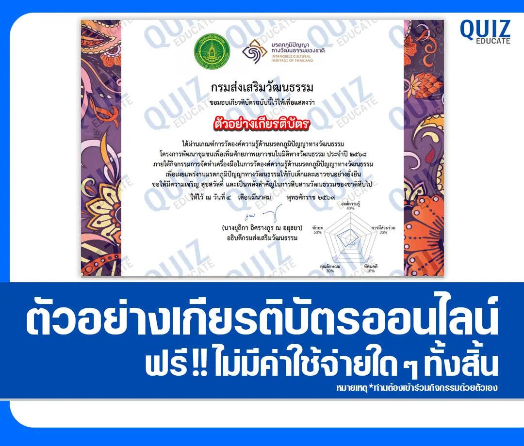 เกียรติบัตรออนไลน์ฟรี ทำข้อสอบวัดระดับความรู้ เรื่อง ความรู้ด้านมรดกภูมิปัญญาทางวัฒนธรรม 2 เกียรติบัตรออนไลน์ฟรี ทำข้อสอบวัดระดับความรู้ เรื่อง ความรู้ด้านมรดกภูมิปัญญาทางวัฒนธรรม 2026