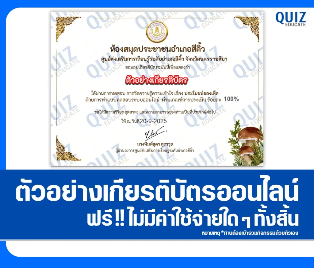 เกียรติบัตรออนไลน์ฟรี ทำข้อสอบวัดระดับความรู้ เรื่อง ประโยชน์ของเห็ด 2 เกียรติบัตรออนไลน์ฟรี ทำข้อสอบวัดระดับความรู้ เรื่อง ประโยชน์ของเห็ด 2026