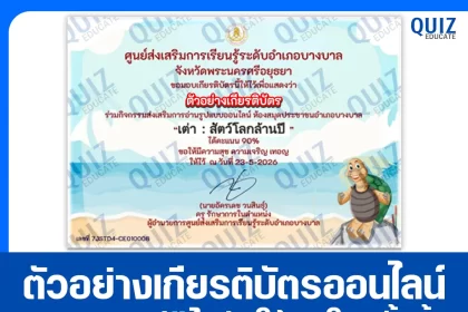 เกียรติบัตรออนไลน์ฟรี ทำข้อสอบวัดระดับความรู้ เรื่อง เต่า สัตว์โลกล้านปี ห้องสมุดประชาชนอำเภอบางบาล 2026